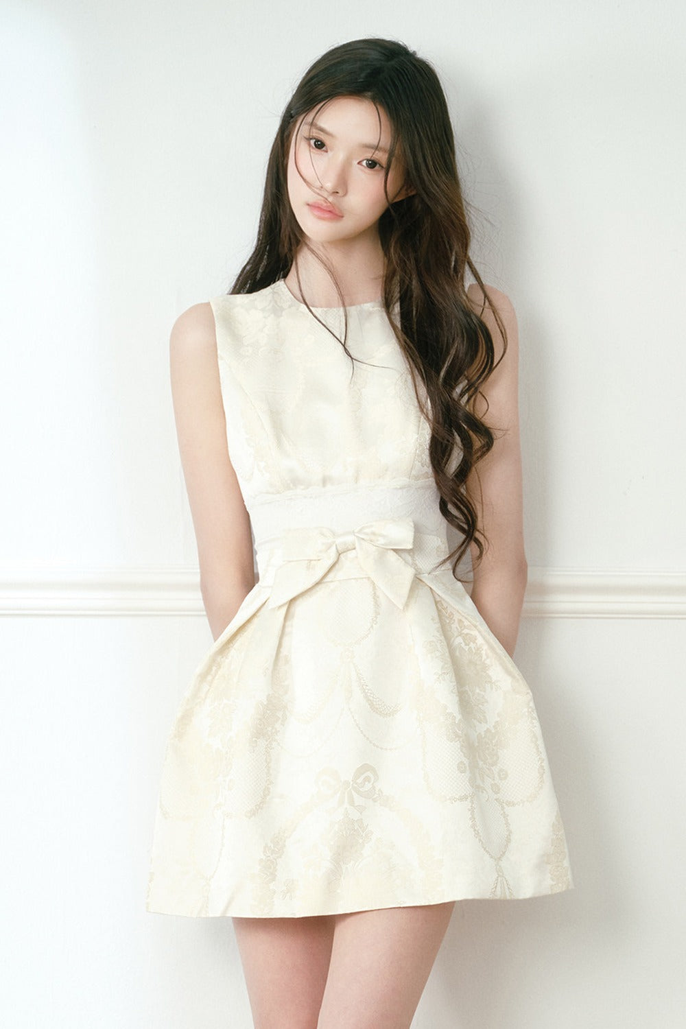 Beige Jacquard Bow Lace Waist Dress