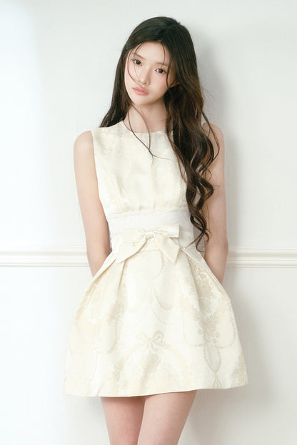 Beige Jacquard Bow Lace Waist Dress