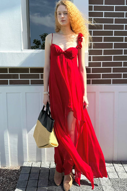 Hand-Stitched Rose Red Slip Dress