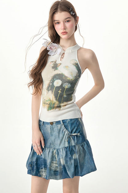 White Cat Print Knit Halter Top