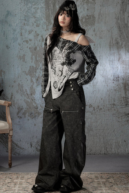 Plaid Wing Off-Shoulder Long-Sleeve T-Shirt