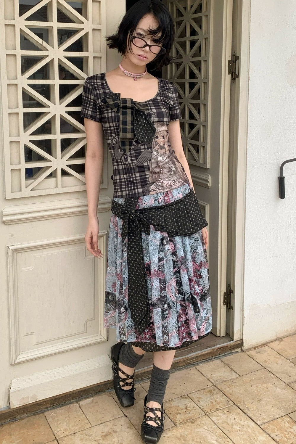 Cartoon Plaid Tie Top