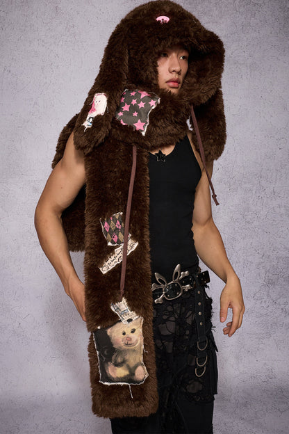Brown Patchwork Lop-Eared Rabbit Hooded Scarf