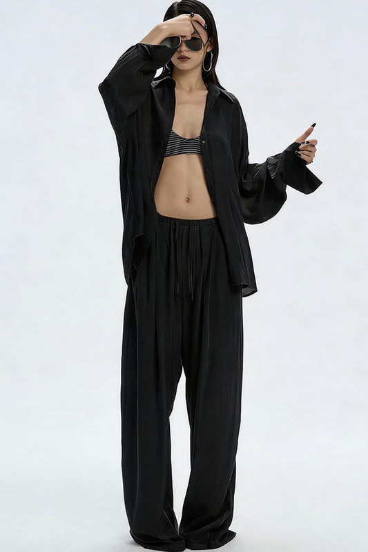 Black Textured Resort Shirt Pants Set-Up