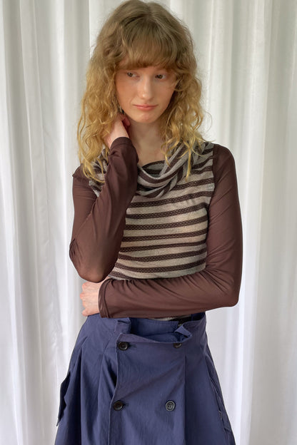 Spliced Striped Cowl Neck Long-Sleeve Blouse