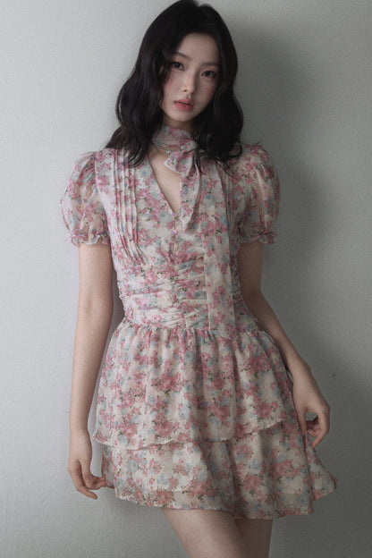 Hazy Pink Floral Print Bow Tie Dress