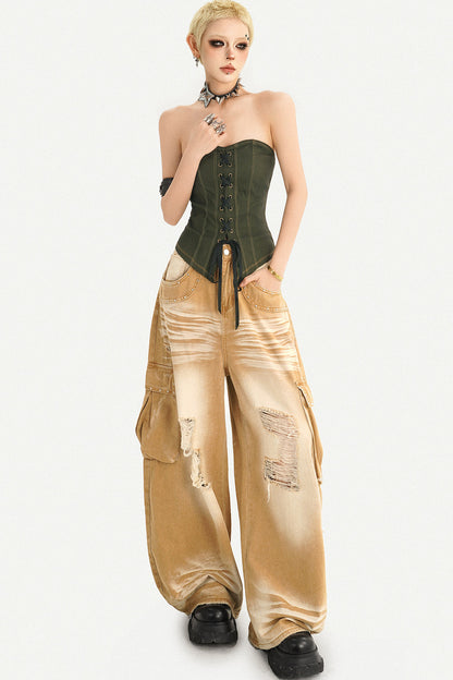 High-Waisted Ripped Workwear Jeans