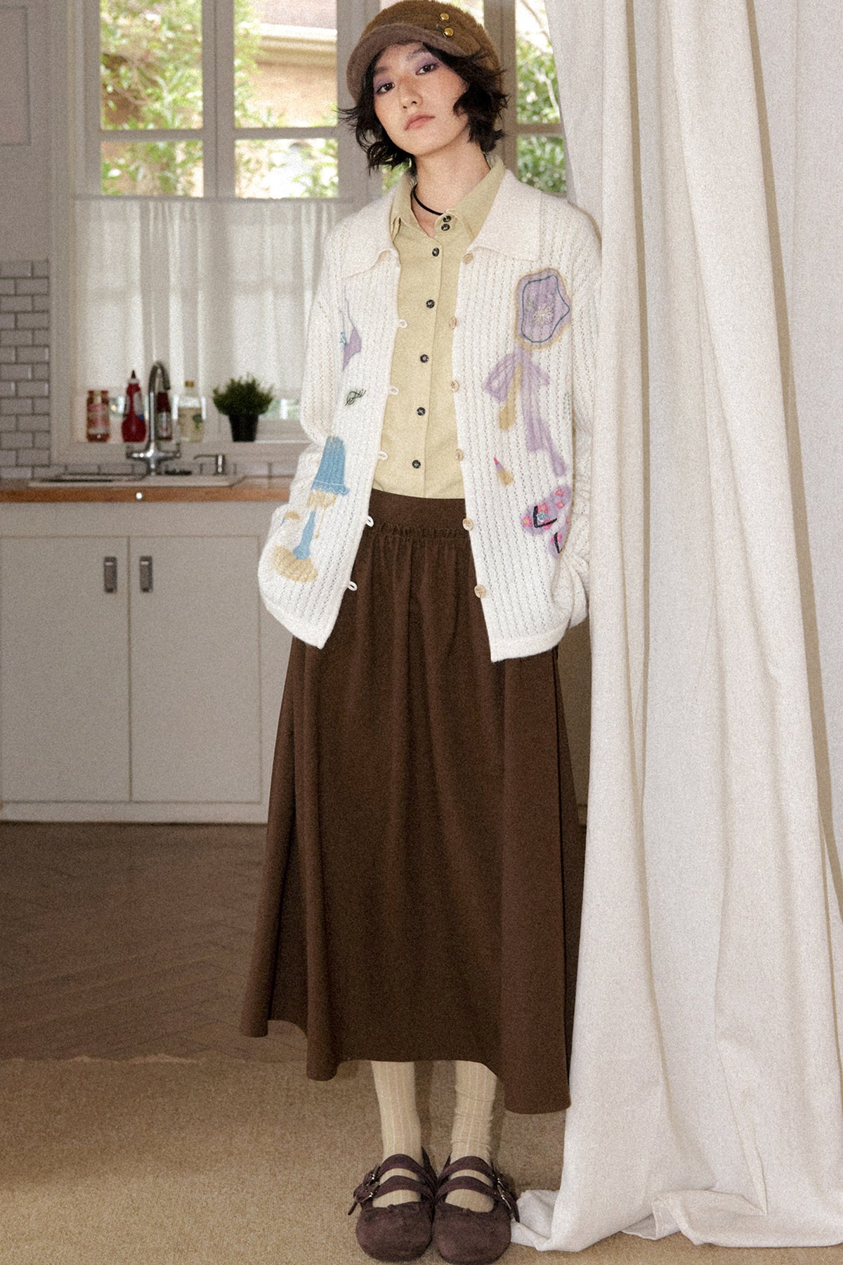 Perforated Long-Sleeved Vertical Stripe Printed Knit Set-Up