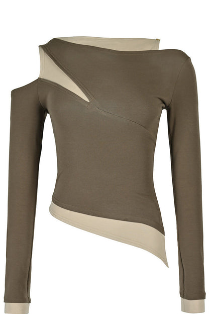 Layered-Look Patchwork Hollow Long-Sleeve T-shirt