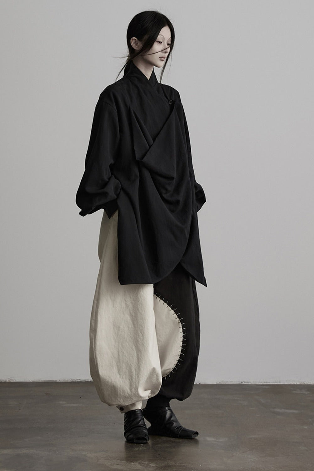 Dark New Chinese Style Draped Pleated Shirt