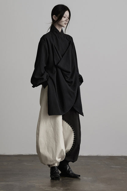 Dark New Chinese Style Draped Pleated Shirt
