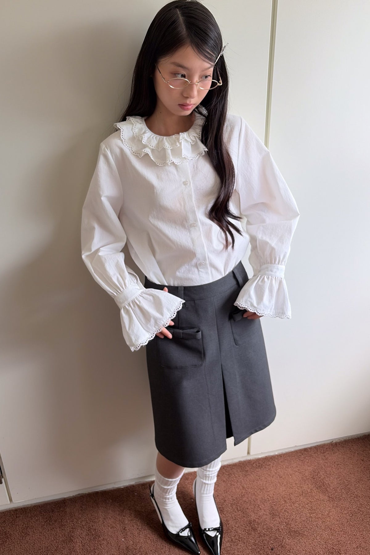 Gray Woolen Bow Pocket Skirt