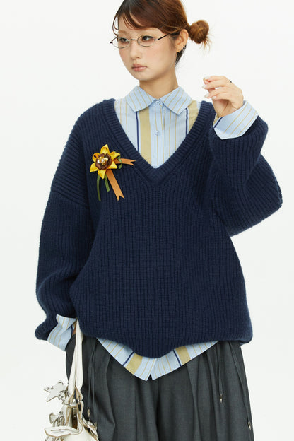 Blue Yellow Contrast Striped Long-Sleeved Shirt