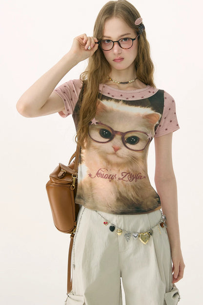 Retro Distressed Cat Print Yellow T-Shirt