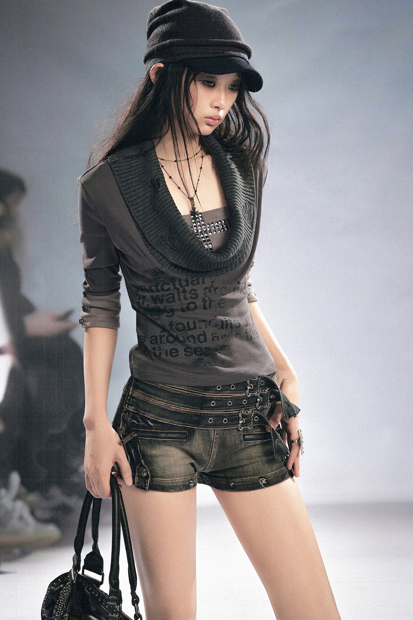 Punk Graffiti Rhinestone Lapel Knit Blouse