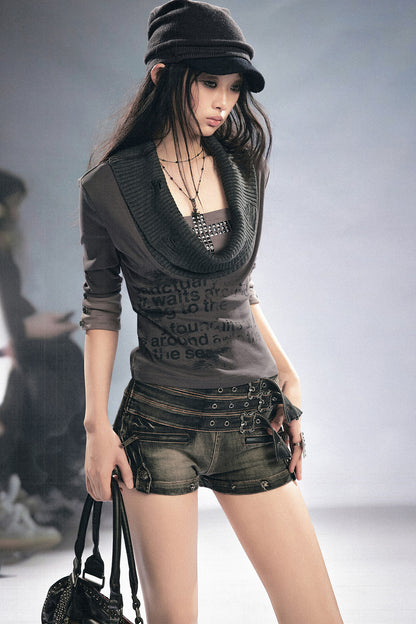 Punk Graffiti Rhinestone Lapel Knit Blouse