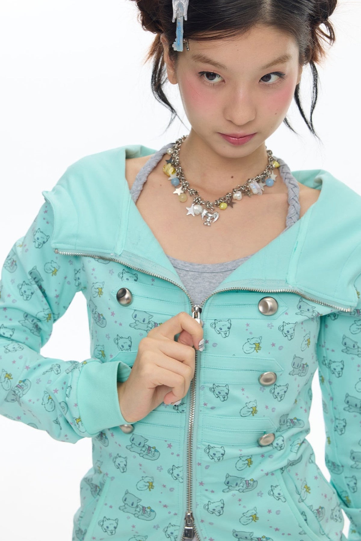 Mint Green Frog Double-Breasted Zipper Jacket