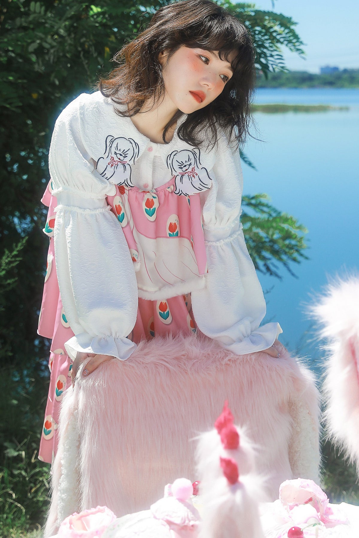Dog Embroidered Plaid Puff Sleeve Shirt