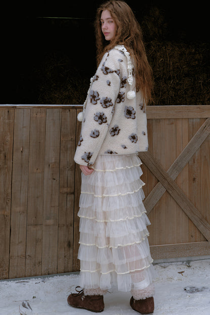 Gesteppte Fleecejacke mit Blumen und Schleife