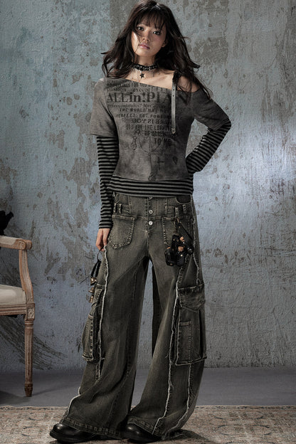 Vintage Washed Wide-Leg Large Patch Pockets Jeans