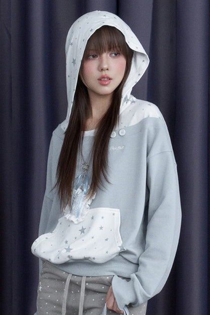 Blue White Star Layered-Look Hooded Sweatshirt