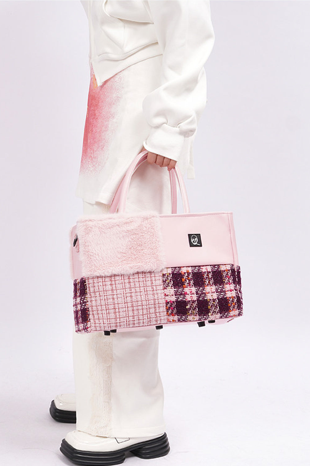 Furry Color-Block Tote Bag