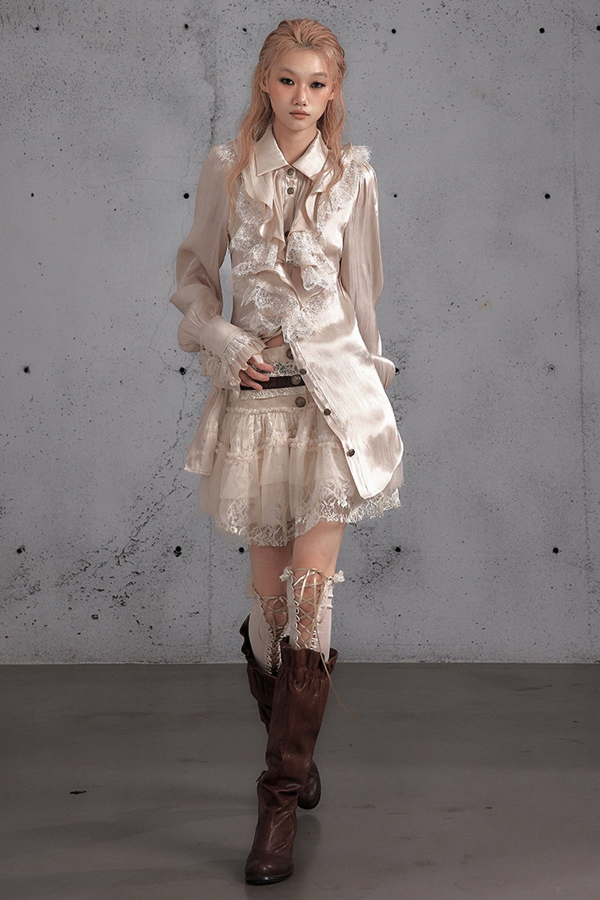 Ruffled Lace Patchwork Satin Blouse