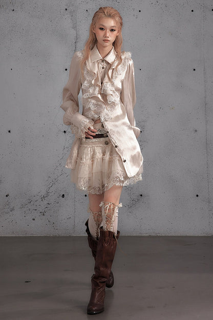 Ruffled Lace Patchwork Satin Blouse