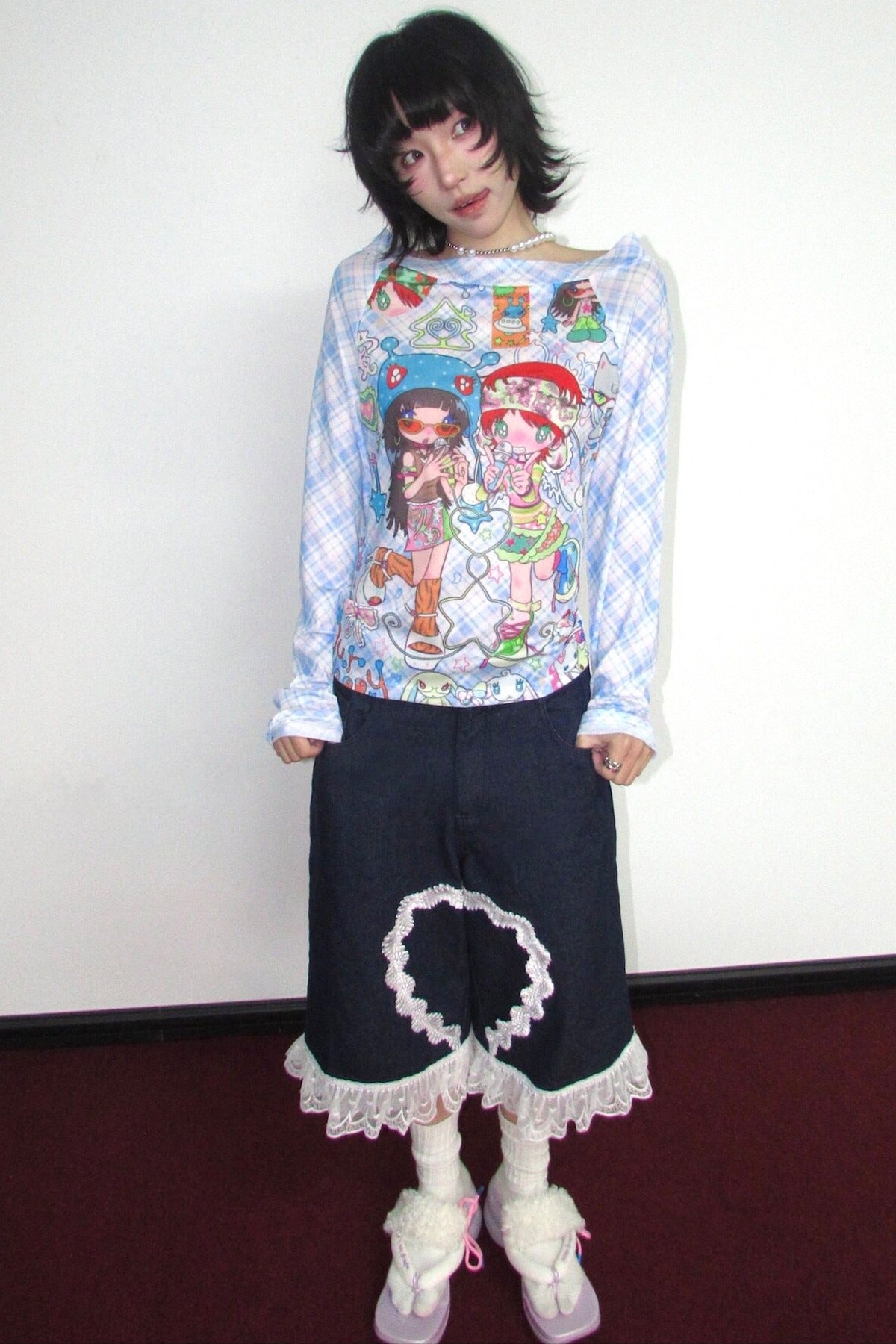 T-shirt a maniche lunghe in mesh elasticizzato a quadri