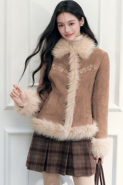 Bestickte Wildleder-Kunstfelljacke