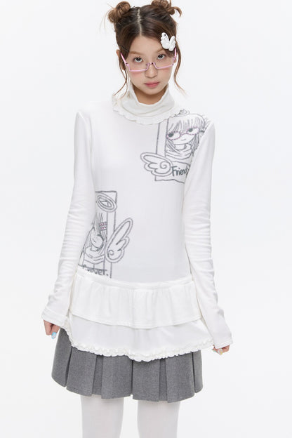 White Half-Turtleneck Printed Top