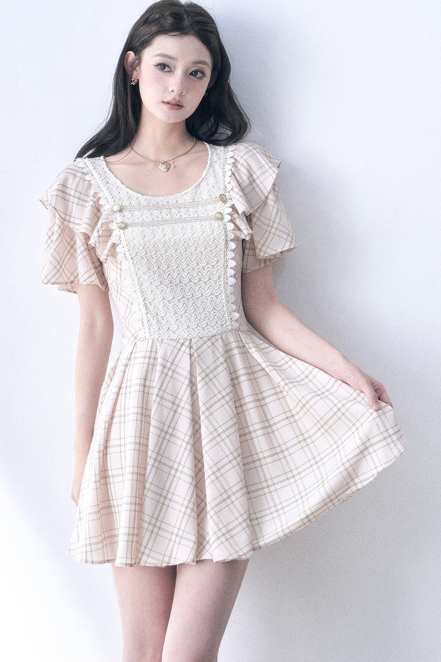 Knitted Patchwork Plaid Flutter-Sleeve Dress