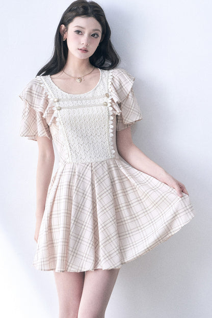 Knitted Patchwork Plaid Flutter-Sleeve Dress