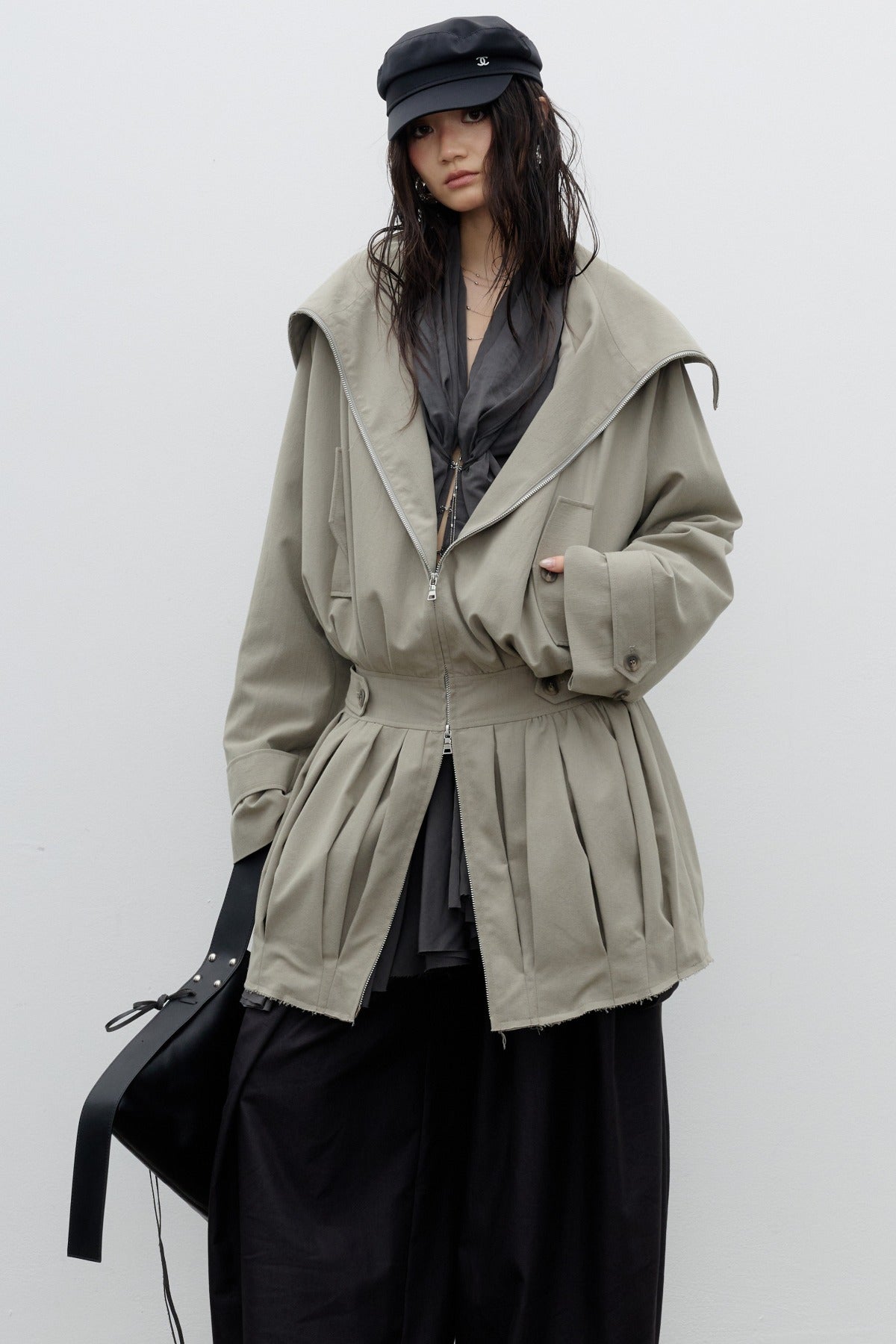 Sculptural Pleated Balloon Waist Khaki Windbreaker