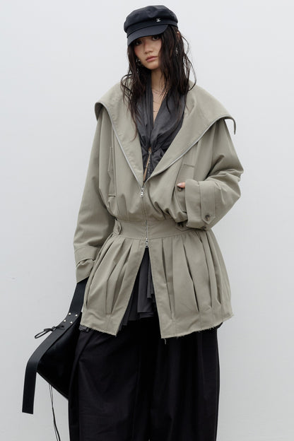 Sculptural Pleated Balloon Waist Khaki Windbreaker
