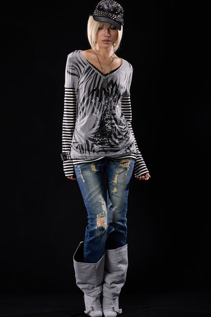 Distressed Cross-Studded Flared Jeans