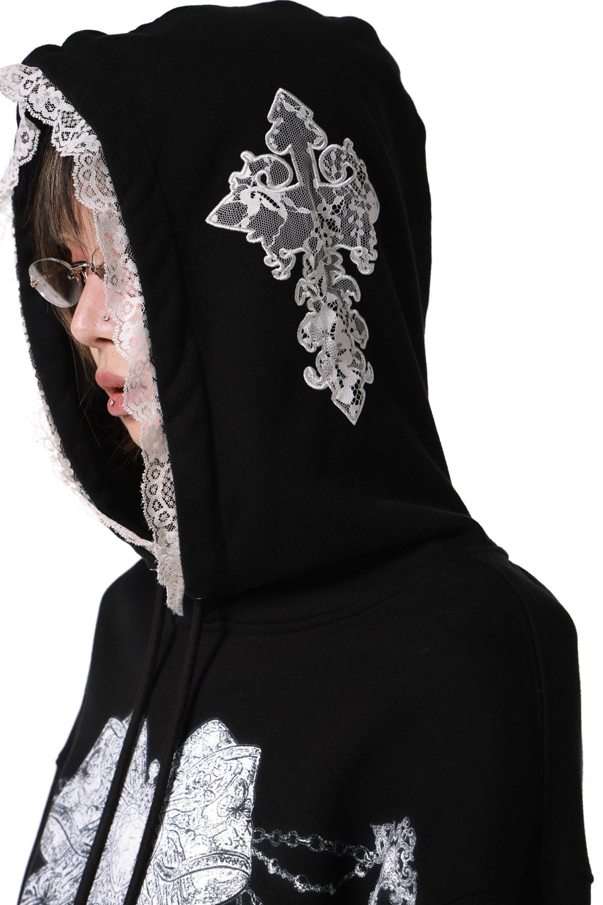 Gothic Lace Trim Cross Bow Sweatshirt