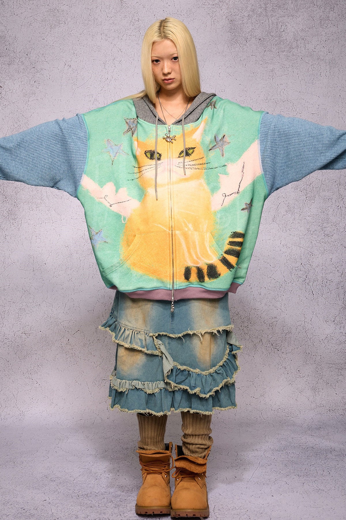 Cat Print Patchwork Sweatshirt Jacket