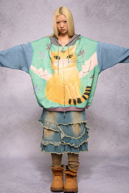 Cat Print Patchwork Sweatshirt Jacket