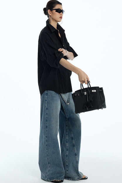 Asymmetrical Deconstructed Denim Wide-Leg Pants