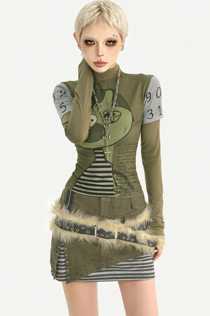 Printed Green Long-Sleeve Top and Skirt Set-Up