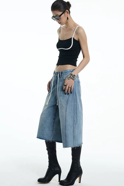Embroidered Denim Mid-Length Pants