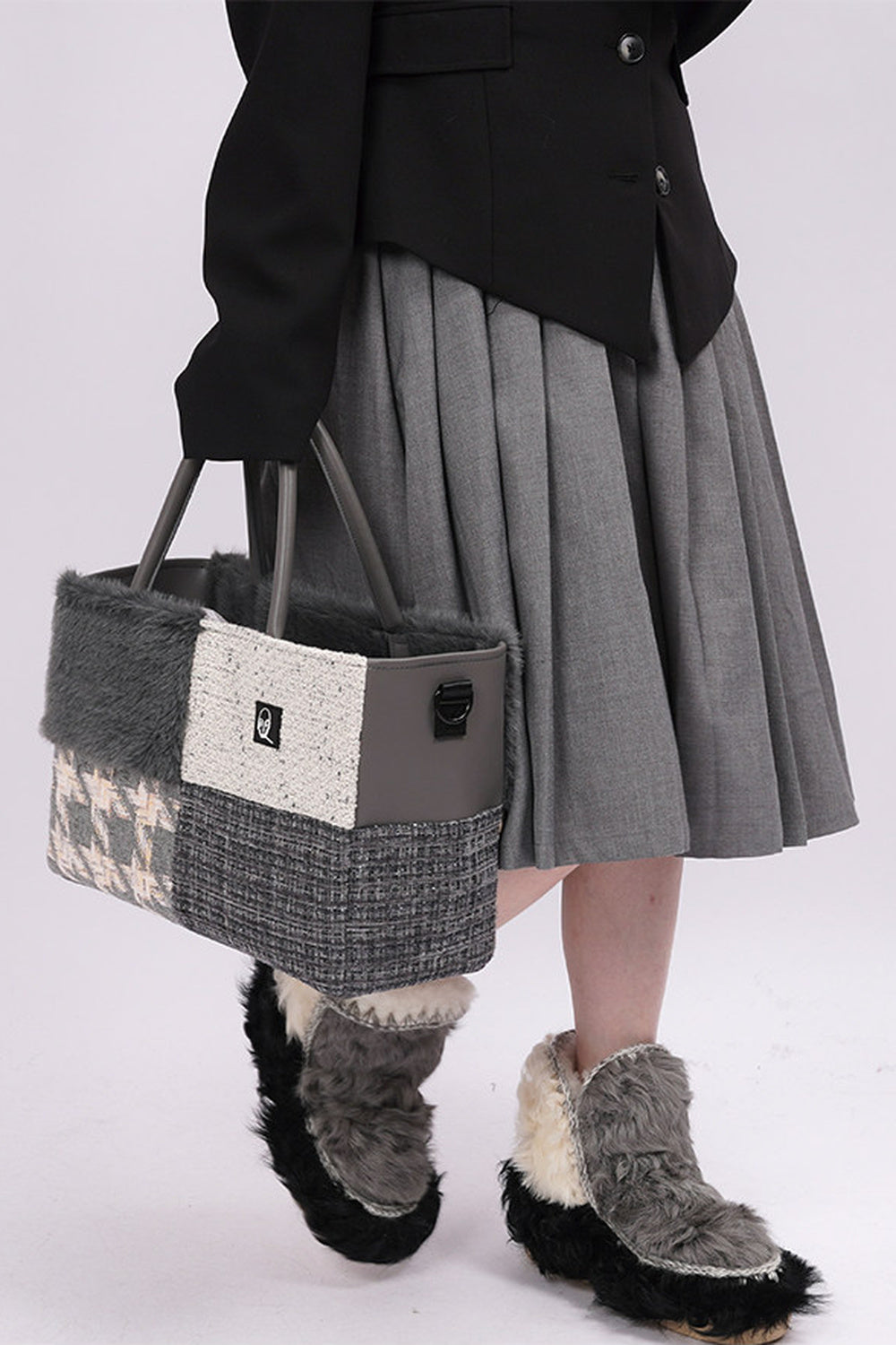 Furry Color-Block Tote Bag