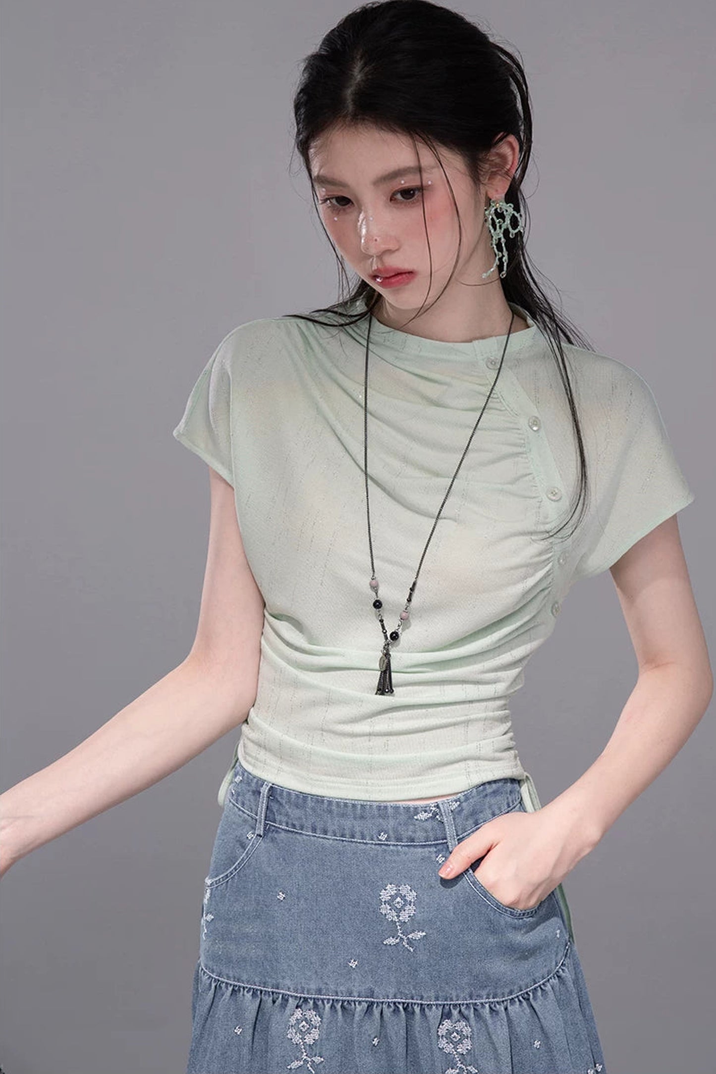 Ultra-Slimming Pleated Short-Sleeve T-Shirt