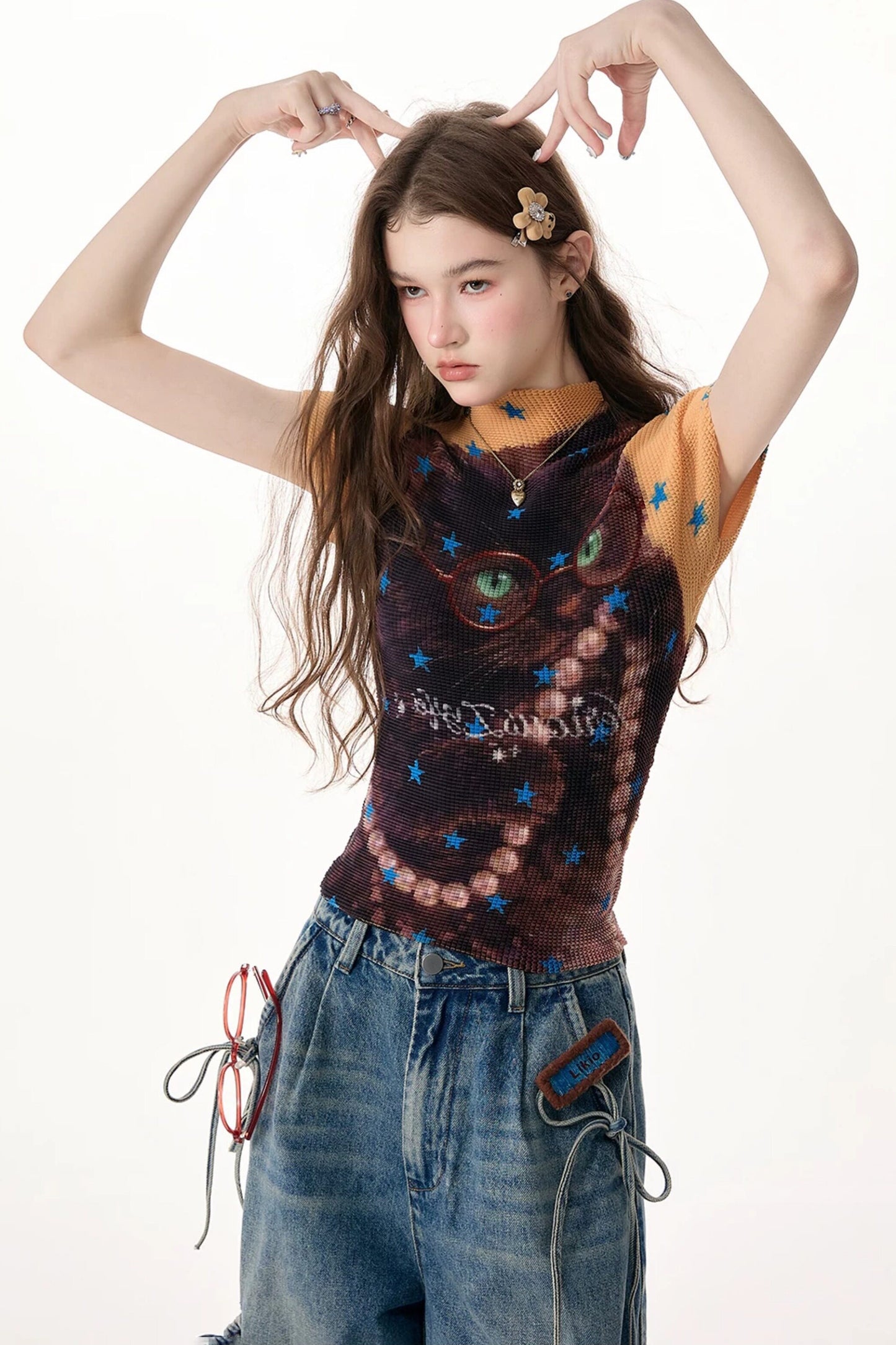 Yellow Star Cat Print Short Sleeve Top