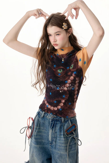 Yellow Star Cat Print Short Sleeve Top