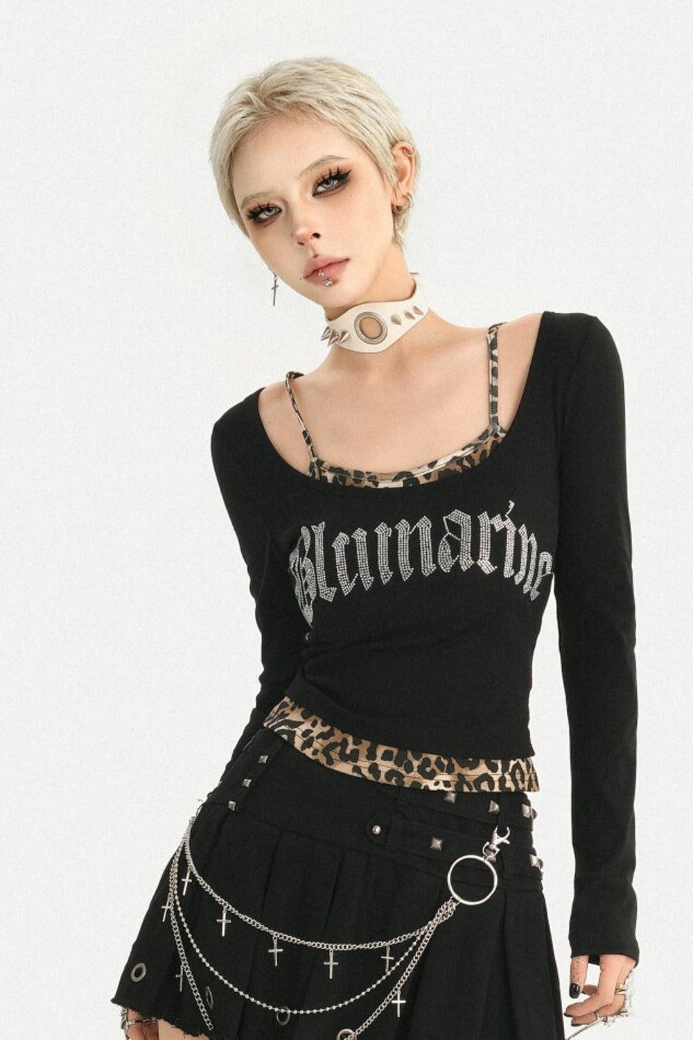 Leopard Layered-Look Letter Print Top