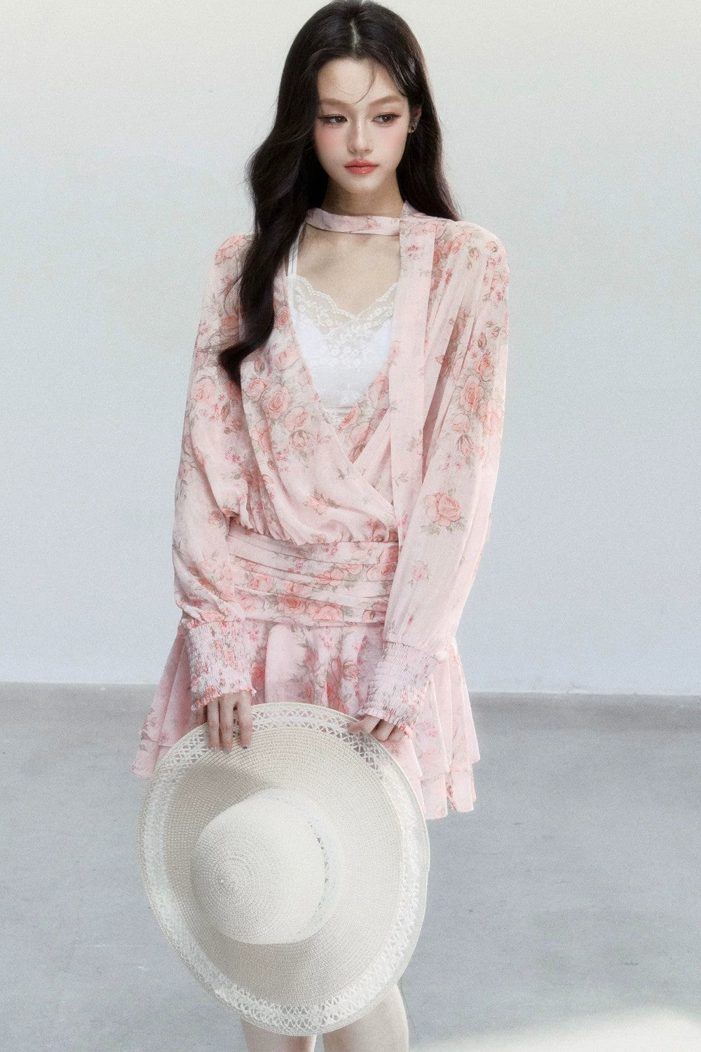 Completo Abito Floreale in Chiffon Rosa