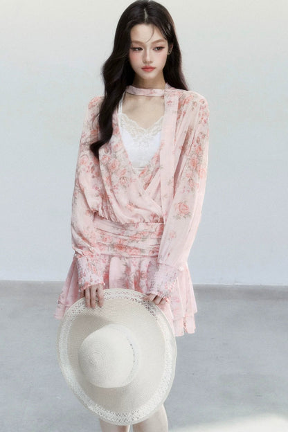 Completo Abito Floreale in Chiffon Rosa