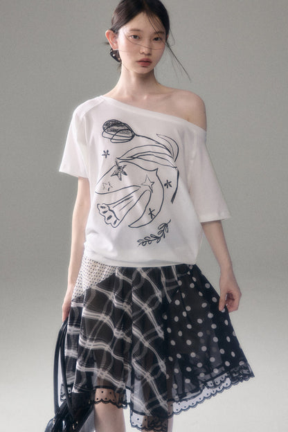 Bird And Tulip Print One-Shoulder Tencel T-Shirt